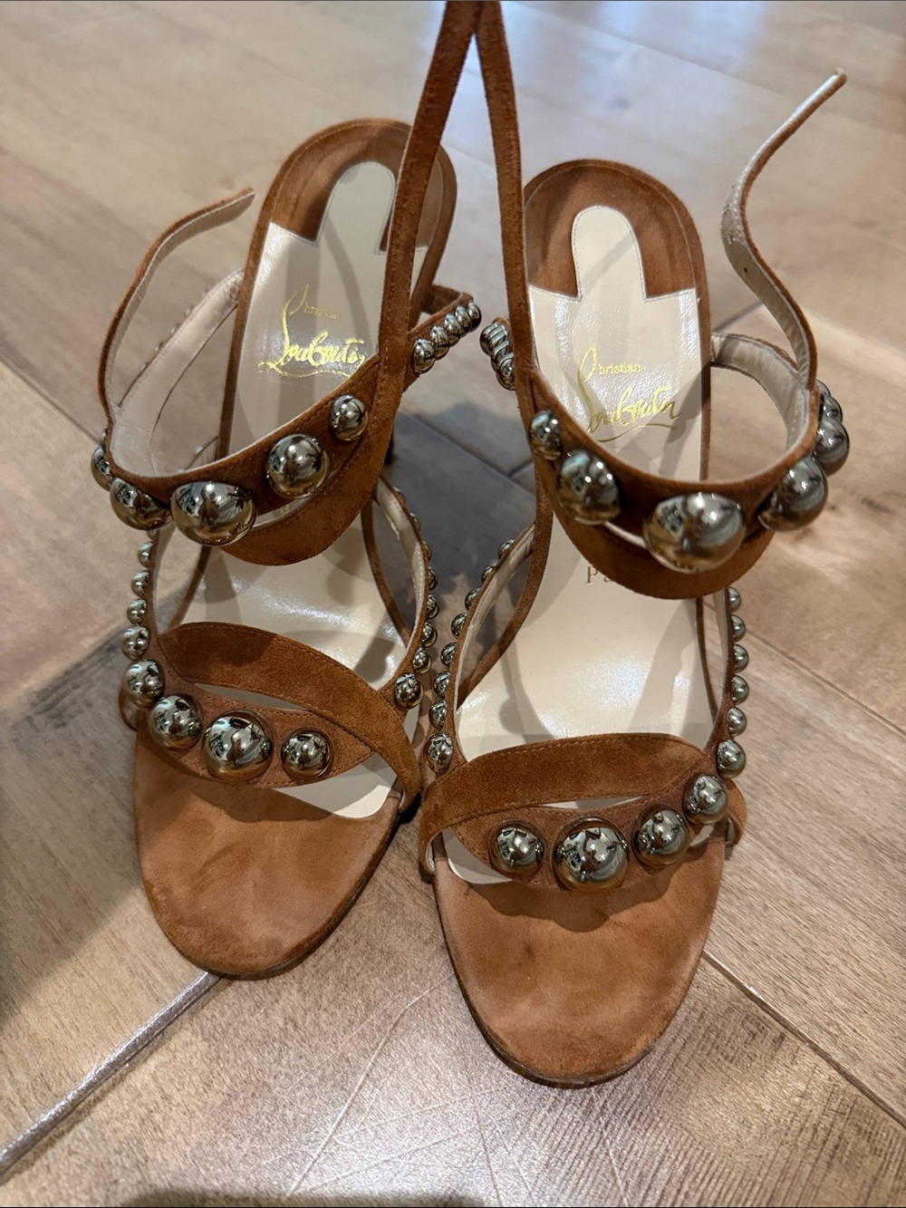 Christian Louboutin Brown Suede Studded Accents High-Heel Sandals